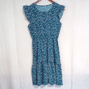 Unbranded Teal Floral Cap Sleeve Fit and Flare Dress Size Medium